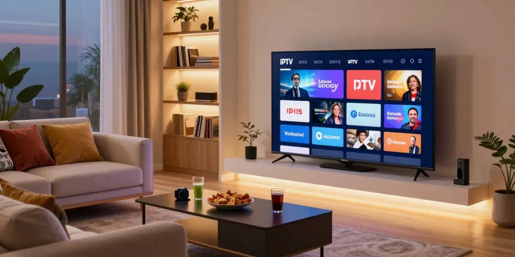 Enjoying IPTV subscription USA in a stylish living room with cozy decor.