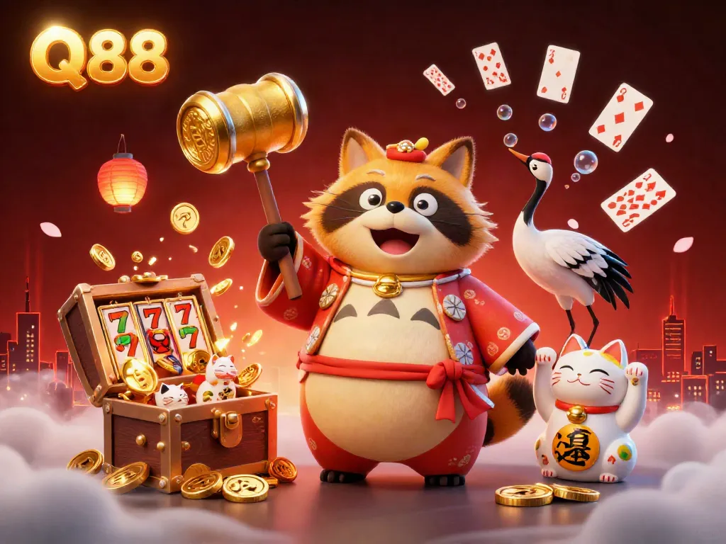 Experience the vibrant world of Q88 with a cheerful tanuki and lucky symbols for a thrilling casino adventure.