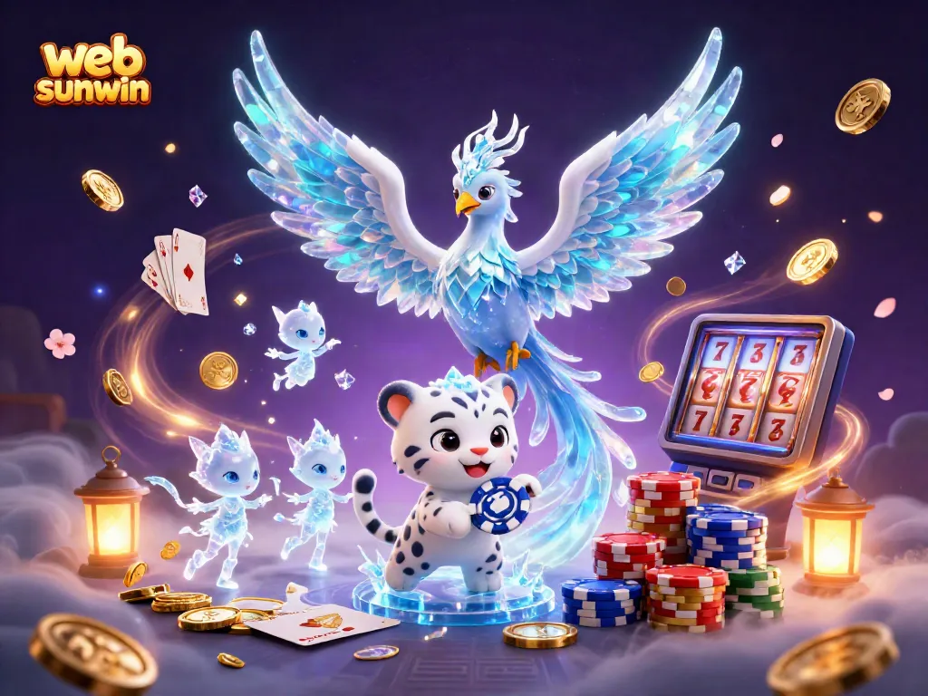 Play slots with web sunwin, featuring a vibrant scene with an ice phoenix and poker elements.