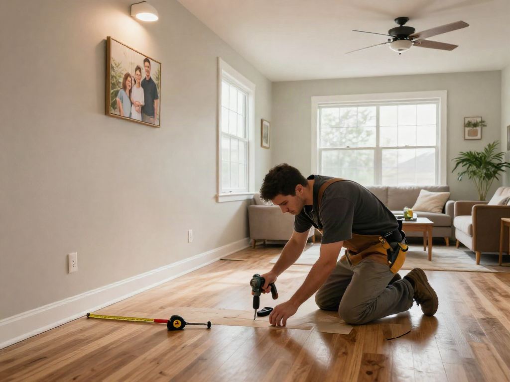 Expert home repair services Des Moines Iowa being performed in a cozy living room with a contractor using modern tools and bright natural light.