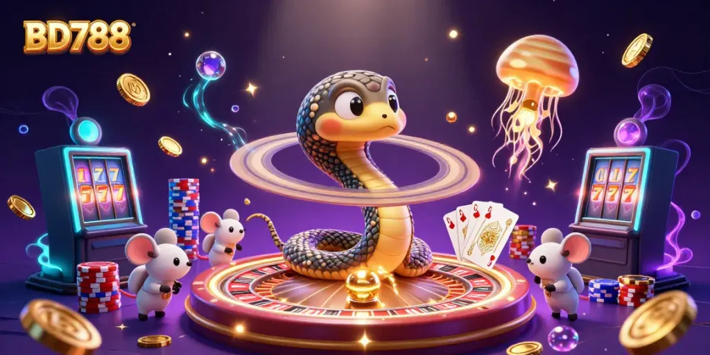 Experience dynamic BD788 gaming with astronaut mice betting on a roulette wheel surrounded by golden coins.