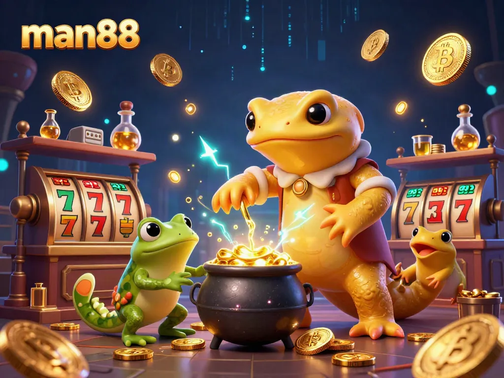 Spin the reels and win at man88 with a golden alchemist in a lively casino scene.