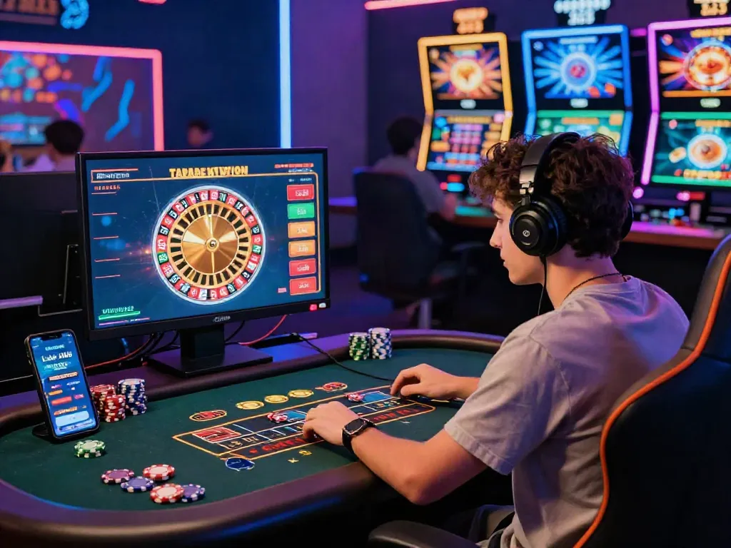 Engaging with Link M88 at a virtual casino, vibrant gaming environment.