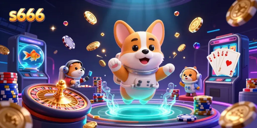 Experience thrilling action at s666's space casino with vivid floating characters and gaming elements.