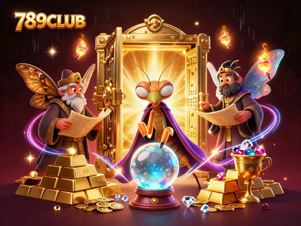 Engage with the vibrant world of 789CLUB where a fortune teller peers into a crystal ball amid a treasure-filled casino.