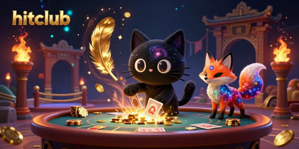 Engage with hitclub's cosmic casino scene featuring whimsical characters and golden gaming elements.