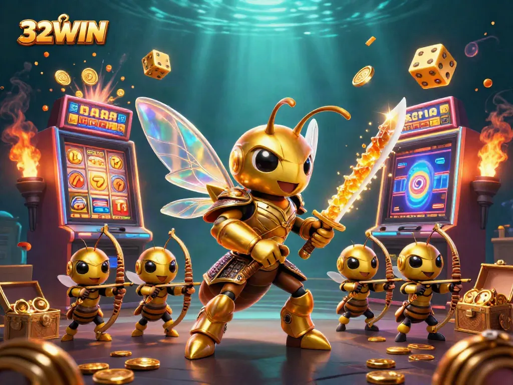 Experience the excitement of 32WIN's jackpot with a giant hornet and bee archers in an energetic casino scene.