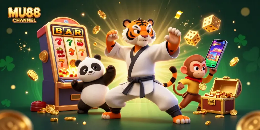 Engage with MU88 CHANNEL's vibrant 3D casino scene showcasing slot symbols and player excitement.