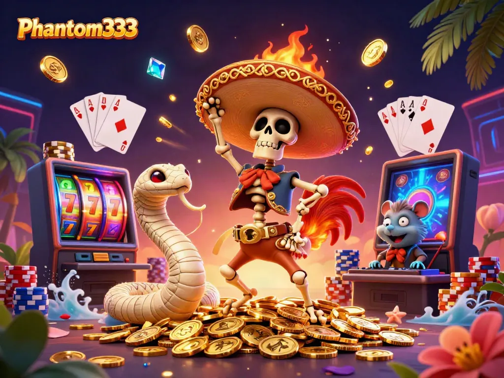Phantom333 showcases a vibrant 3D casino illustration with characters celebrating winnings amid cascading coins and gems.