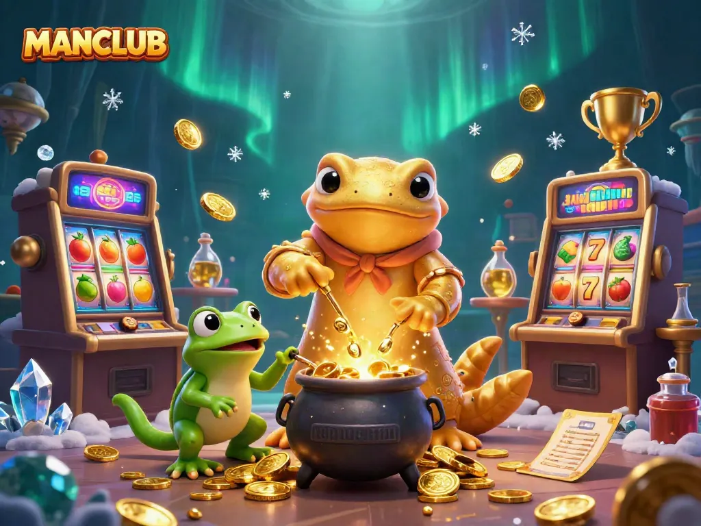 Engage in thrilling MANCLUB slots action with a 3D cartoon salamander alchemist and dynamic casino symbols.