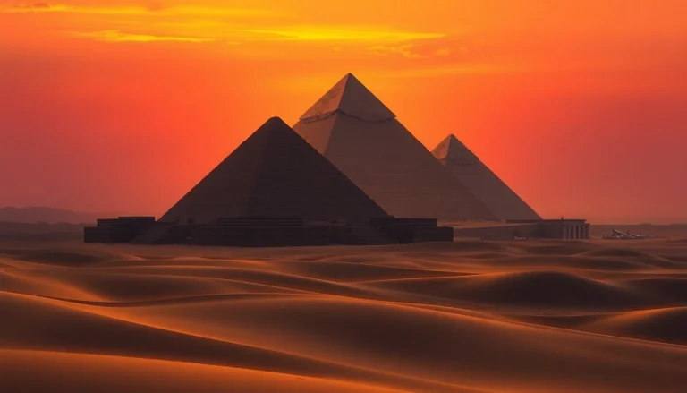 View of the Great Pyramid of Giza depicting its grandeur at sunset for https://piraminds.com/.