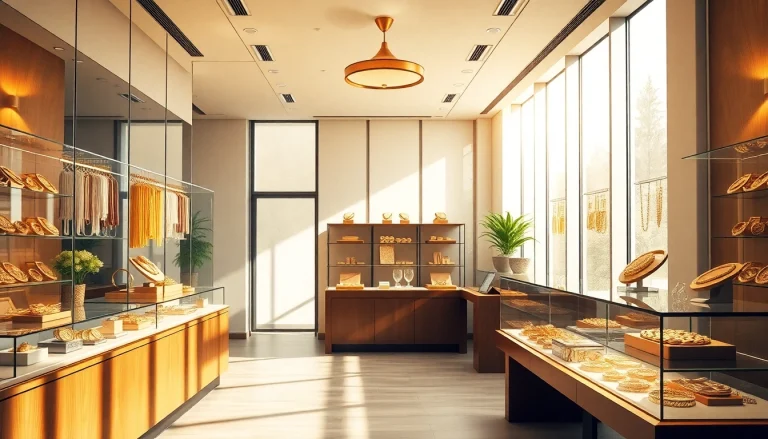 Acquista compro oro in un elegante negozio con gioielli dorati esposti.