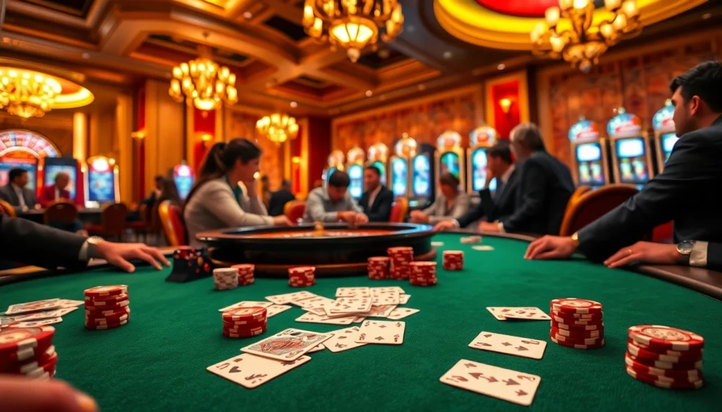 KJC com showcases an exciting casino scene with luxurious poker games and vibrant slot machines.