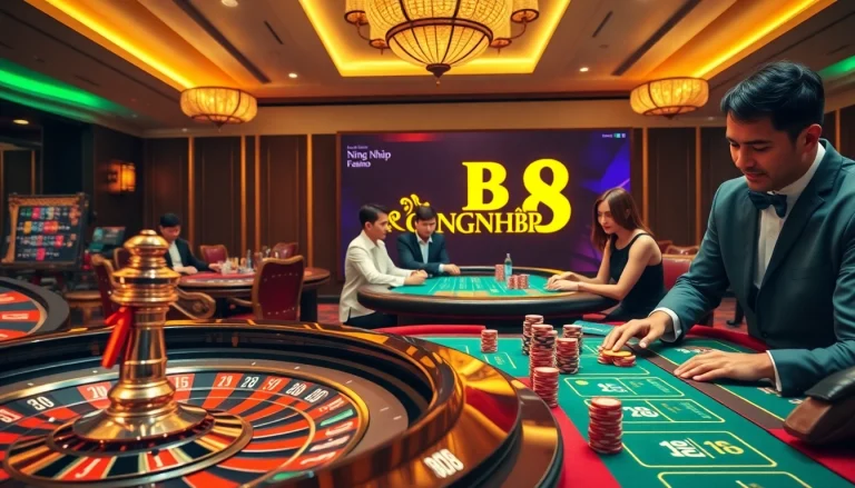 Gamblers engaging in a thrilling game at the casino while accessing ĐĂNG NHẬP B8 online.