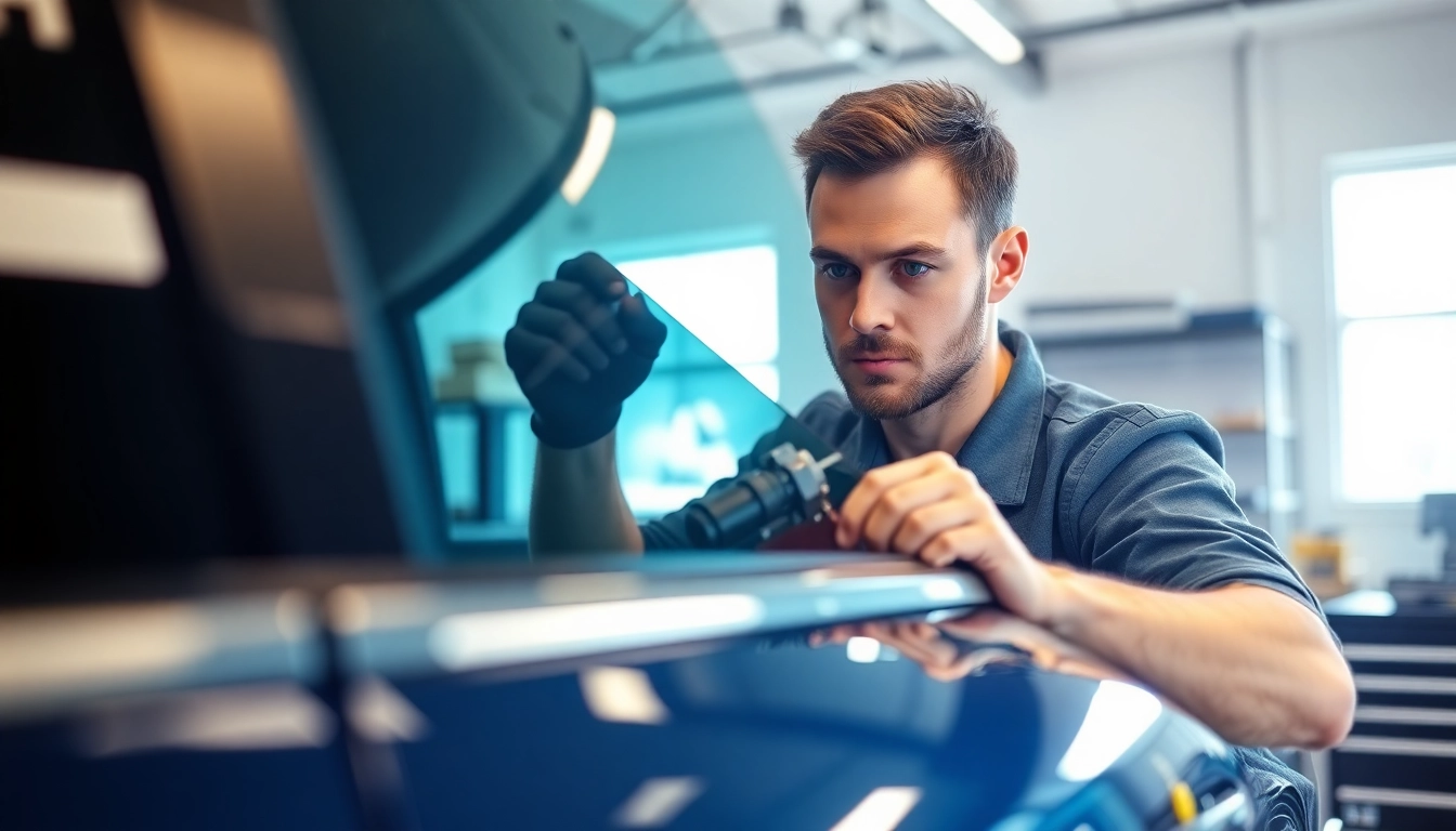 Applying window tint Chattanooga in a bright workshop featuring skilled technicians and tools.