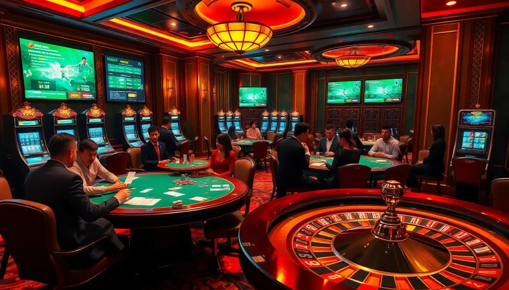 Engage in kèo bóng đá betting at an elegant casino, surrounded by vibrant games and lively players.