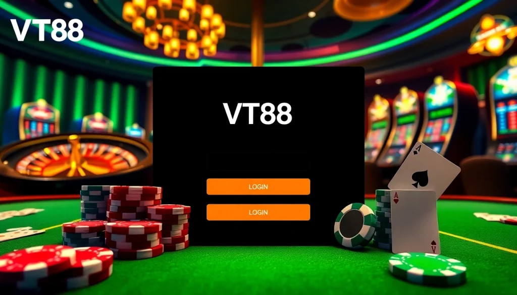 Engaging scene of ĐĂNG NHẬP VT88 featuring dynamic online gambling elements like casino tables and cards.