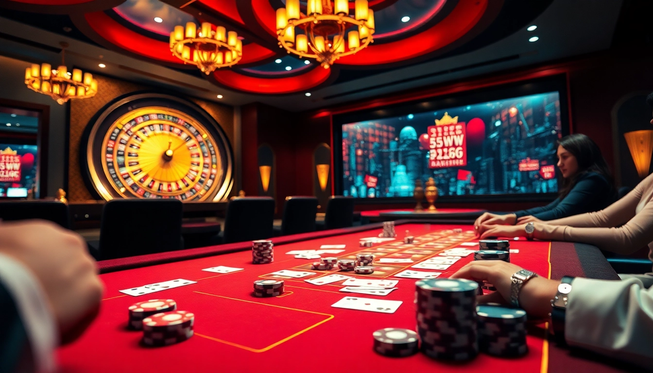 Experience the thrilling excitement of 55WW at a vibrant casino table with poker chips and a roulette wheel.