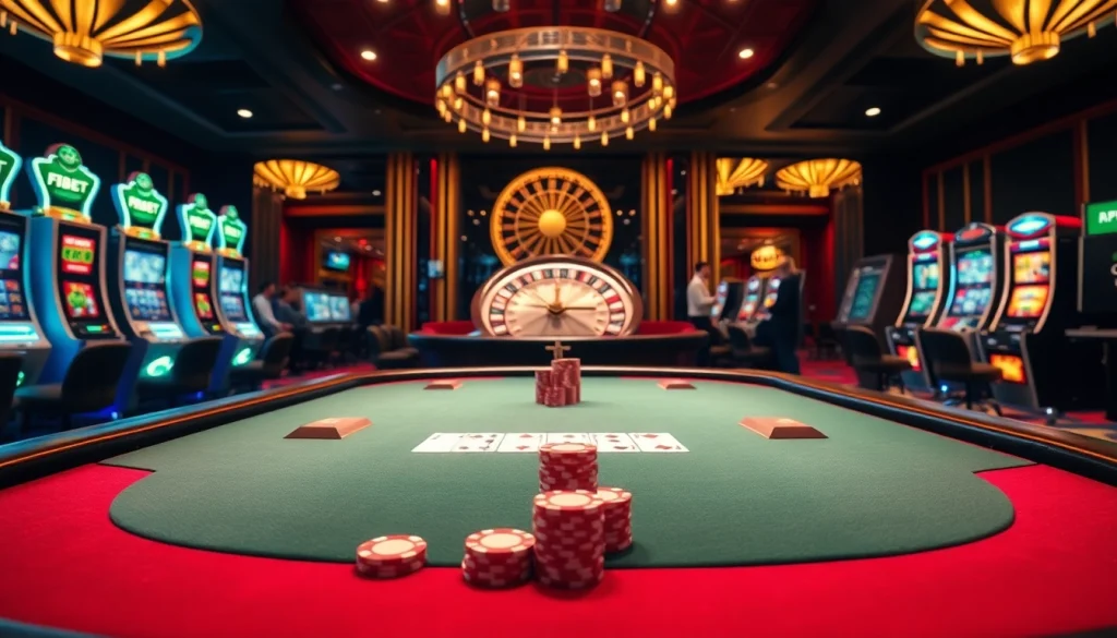 Players enjoying high-stakes at f8bet.io with luxury poker and roulette tables in an upscale casino setting.