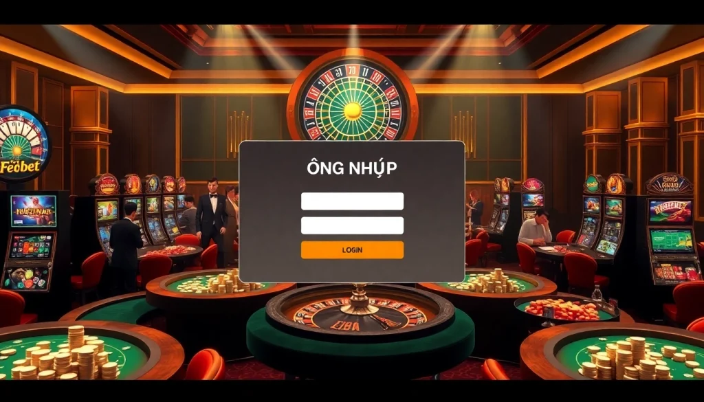 Engaging online login interface for ĐĂNG NHẬP FEBET in an elegant casino setting with rich colors.