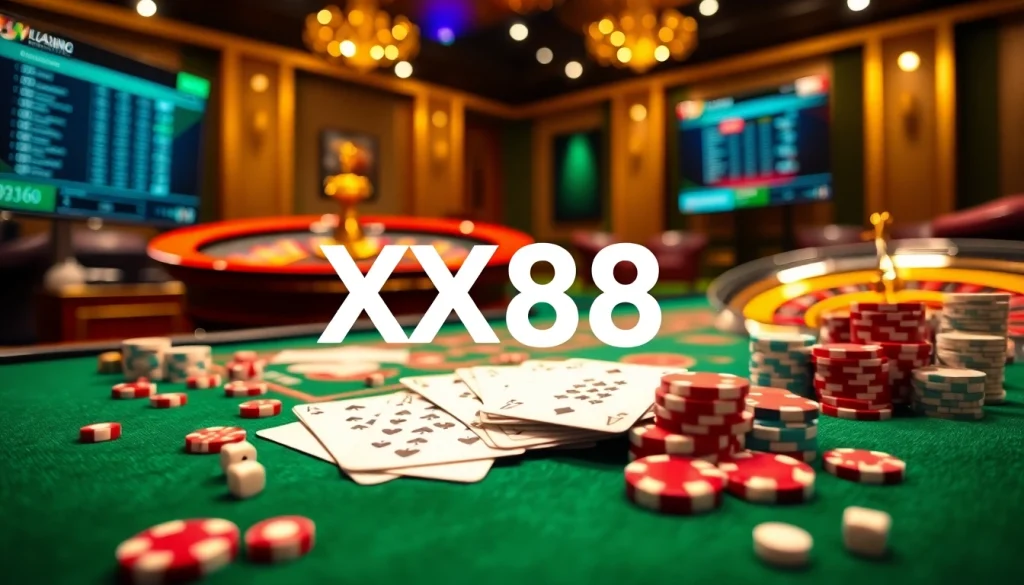 Feel the excitement of winning at XX88 with vibrant gambling visuals featuring cards, chips, and roulette.