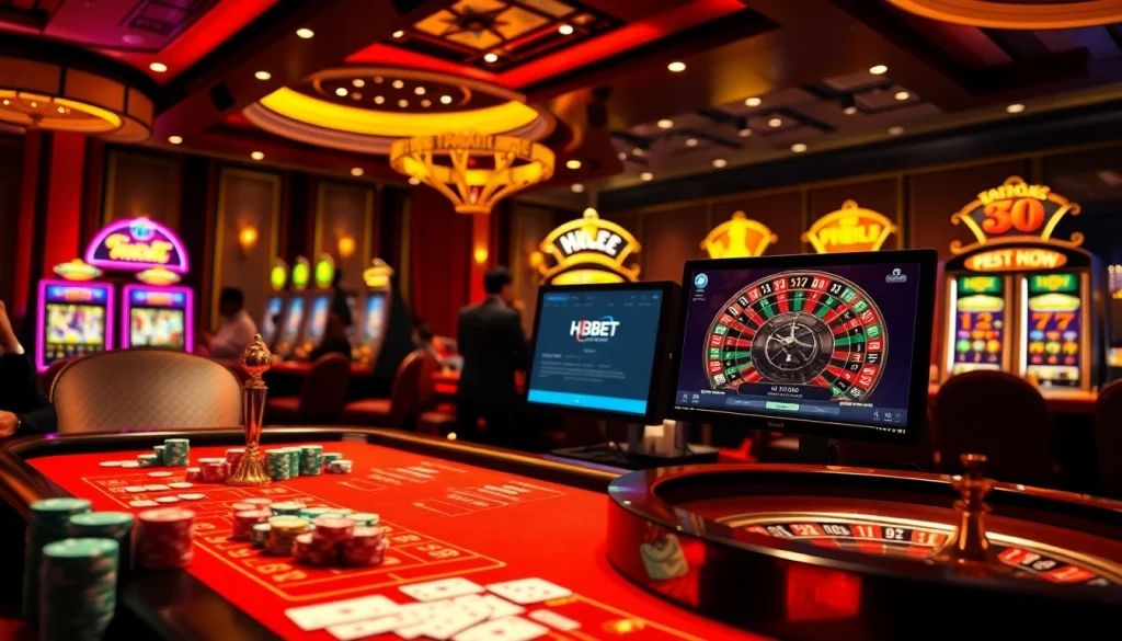 Join ĐĂNG NHẬP HBBET for an exhilarating casino experience filled with poker chips and lively roulette.