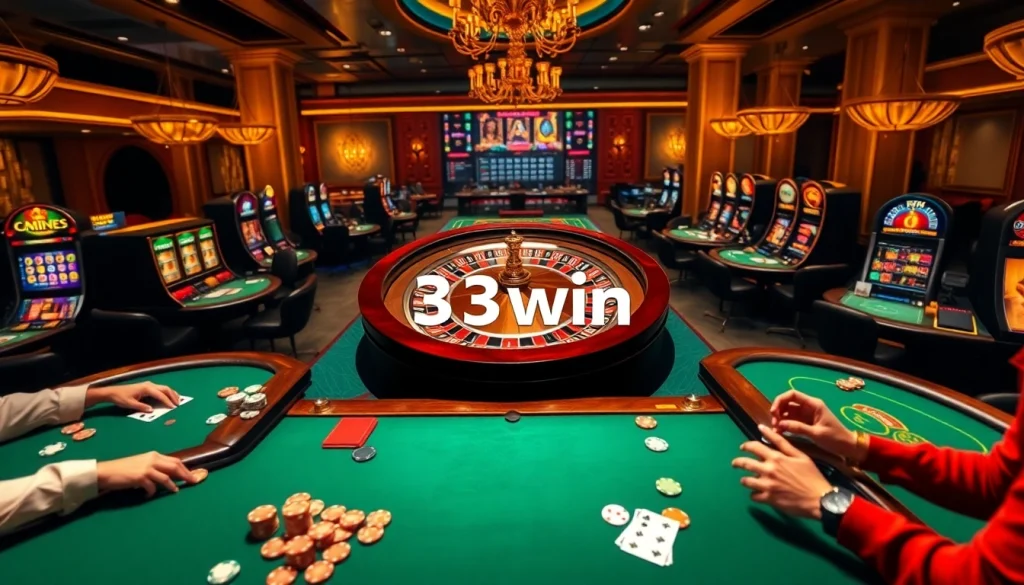 33win brings vibrant casino excitement with a roulette wheel and engaged players at tables.