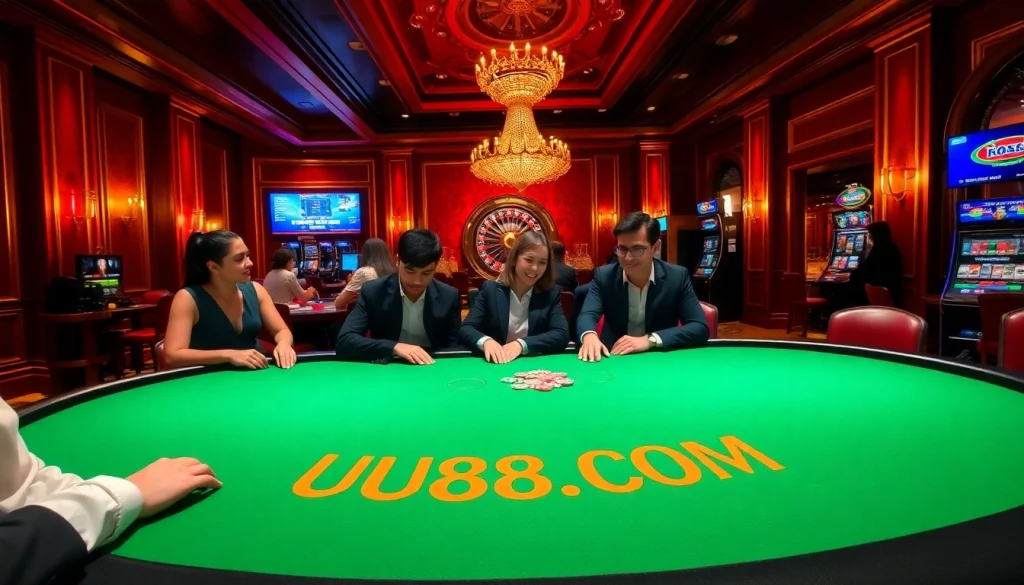 Engaged gamblers at UU88.COM poker table with chips and cards in a luxury casino setting.