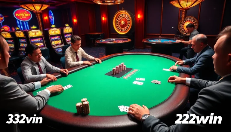 Exciting poker game at 32win casino table with polished chips and cards.