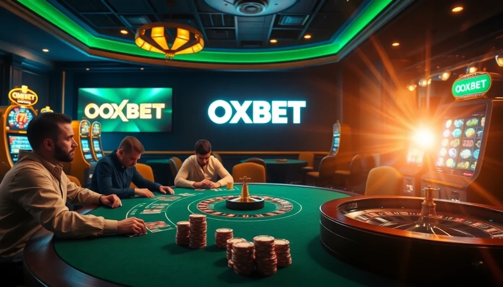 Experience high-stakes gambling at OXBET with poker tables and vibrant slot machines.