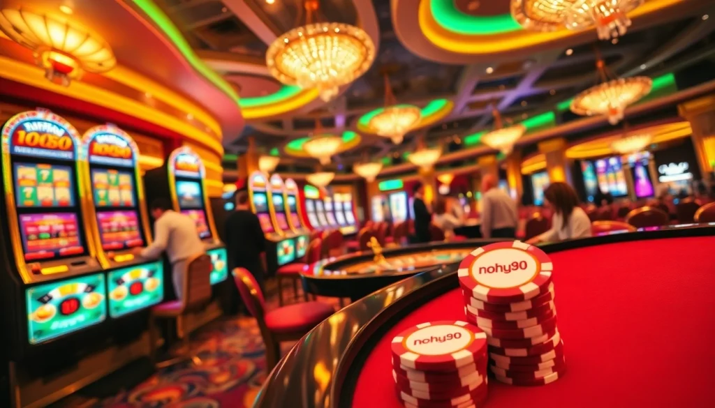 Players enjoying an exciting gaming experience at nohu90 casino, surrounded by slot machines and poker tables.