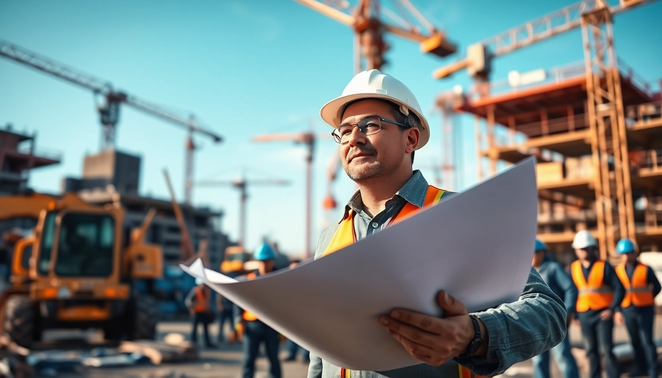 New York General Contractor managing a bustling construction site with blueprints in hand.