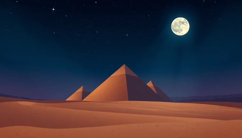 View of the Pyramids of Giza illuminated at night, seen on https://piraminds.com/ with starry sky.
