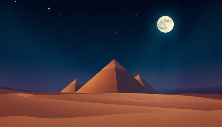 View of the Pyramids of Giza illuminated at night, seen on https://piraminds.com/ with starry sky.