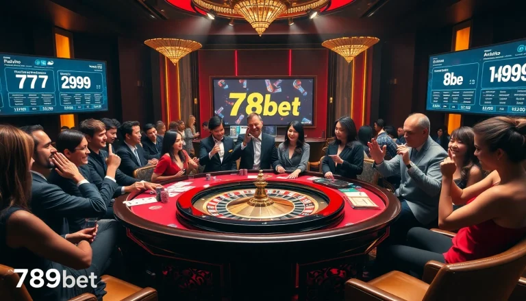Exciting gambling action at a 789bet casino featuring players, tables, and roulette.