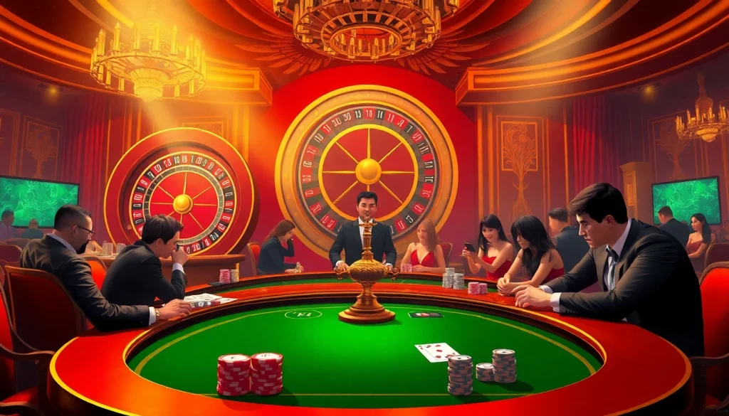 Experience the thrill of gaming at https://gg88.black/ with a stunning casino scene featuring roulette and poker tables.