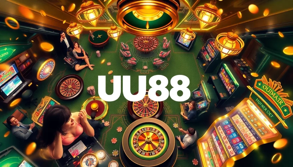 UU88 players enjoying a thrilling online casino experience with chips and cards.