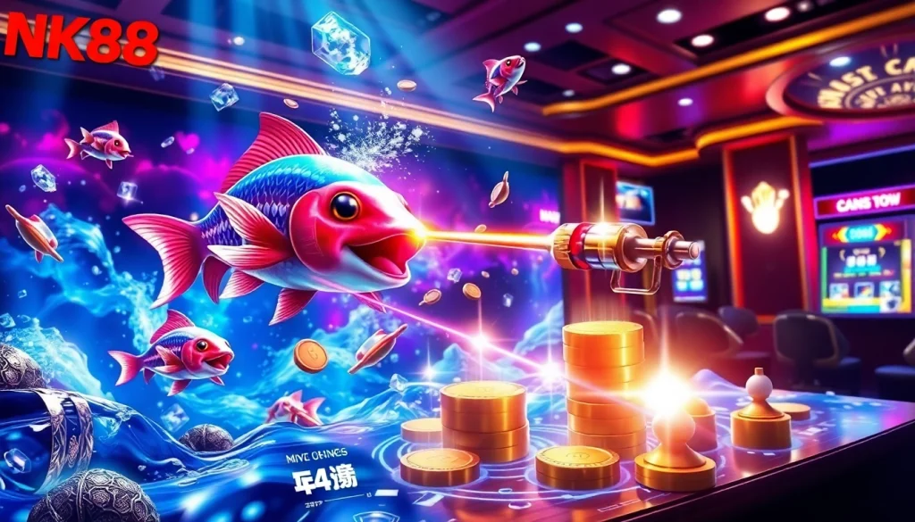 Battle in the NK88 online fish shooting game, aiming for the Golden Dragon Boss and unlocking rewards.
