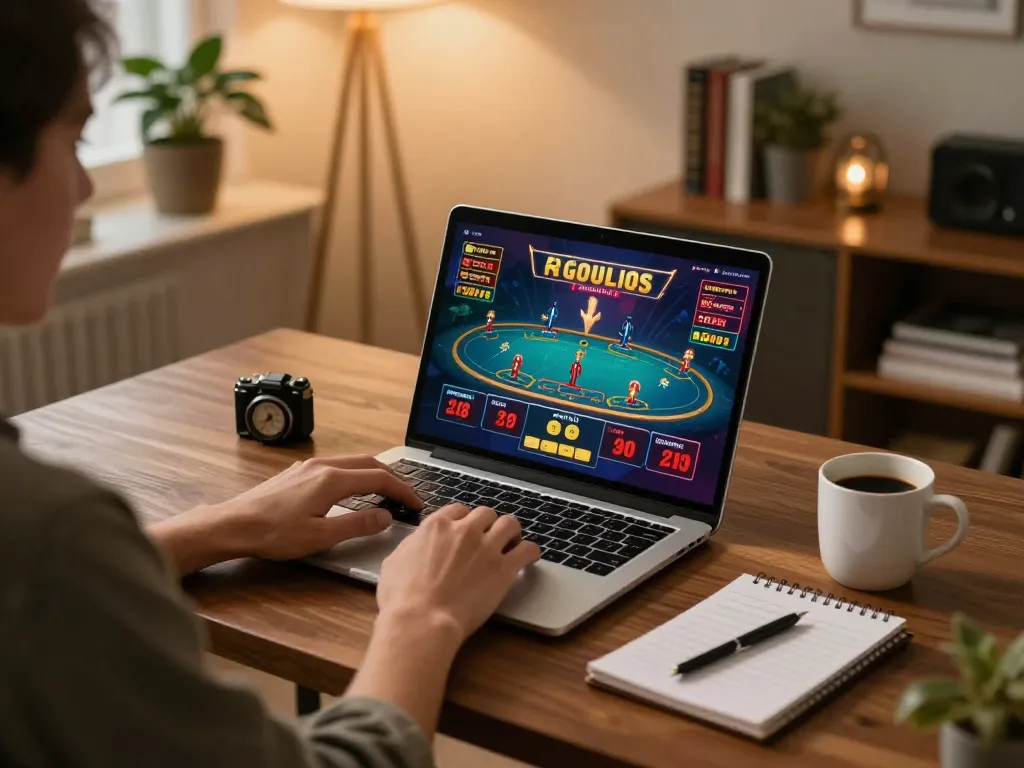 Bong88 user engaging in online casino gaming with laptop and live dealer interface, showcasing immersive gaming experience.