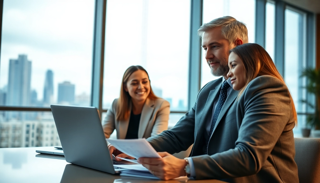 Discussing wealth management strategies in a modern office with a financial advisor.