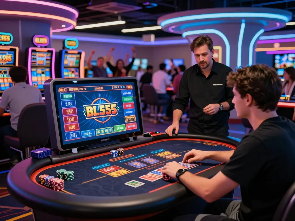 Engaged player at the BL555 gaming table in a vibrant casino atmosphere.