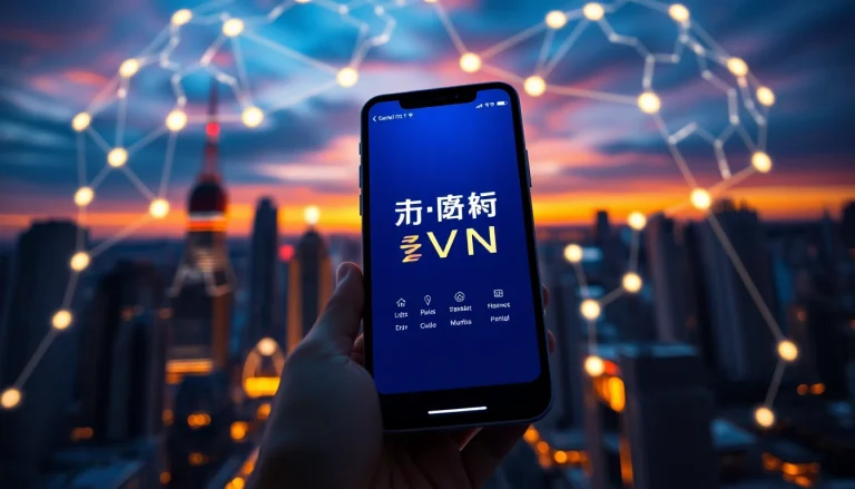 在手机屏幕上显示的快连下载，背景是充满活力的城市天际线。