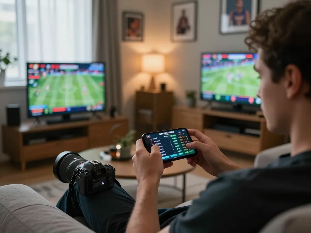 An enthusiastic player checking live sports odds at https://vmax88vip.com/ from the comfort of home with smartphone.