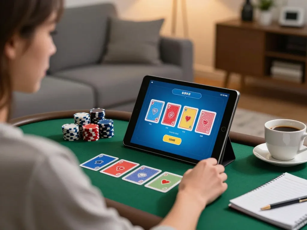 Player engaging in online poker on oxbet1 with colorful cards, strategic notes, and cozy ambiance.