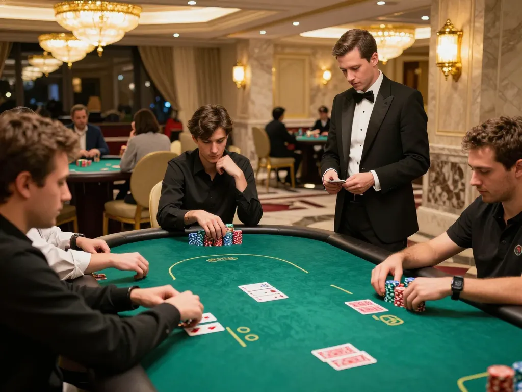 Engaged players at a high-stakes poker table showcasing MM88 link excitement and strategy in luxurious casino.