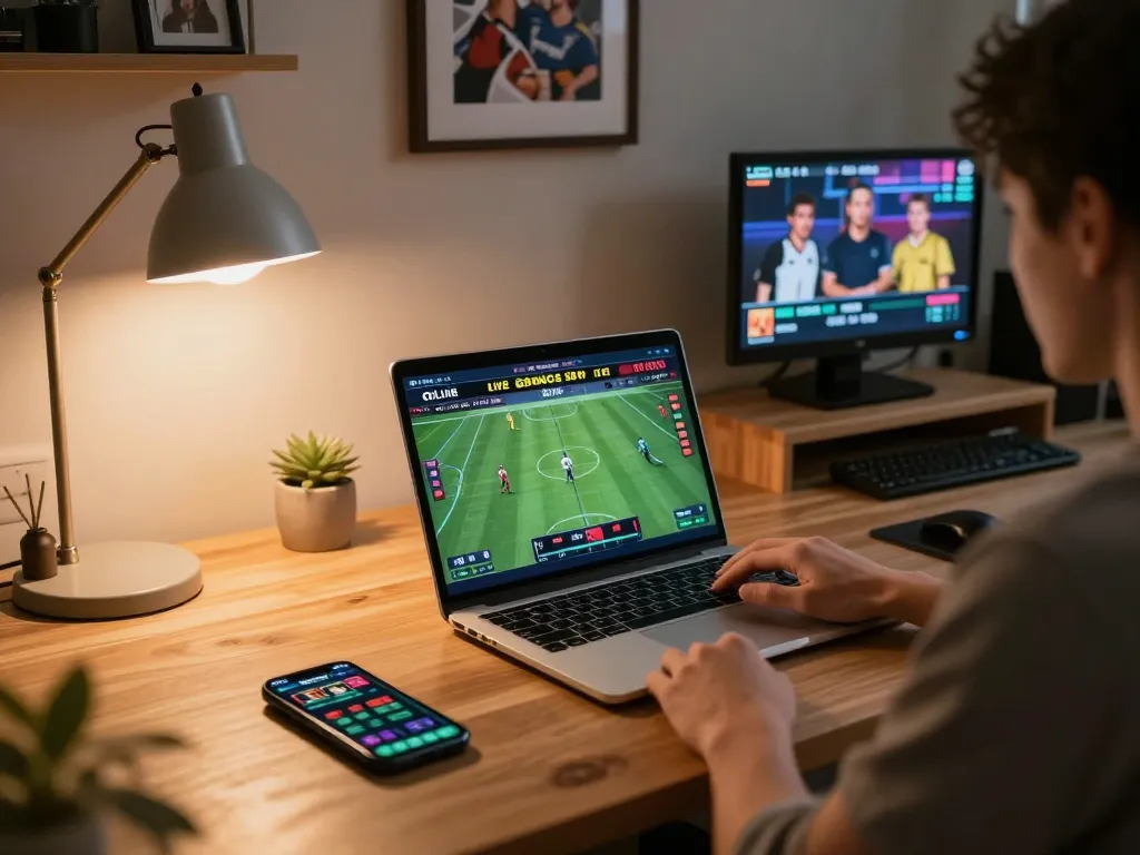 Engaging in online sports betting at home with https://566.beauty/ displayed on laptop, casual atmosphere.