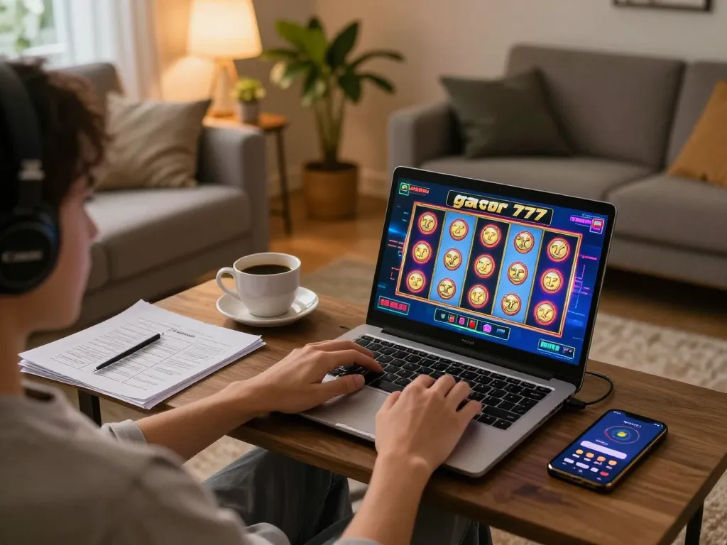 Engaging scene of online slot gacor 777 gameplay, showcasing cozy gaming setup and strategic notes.