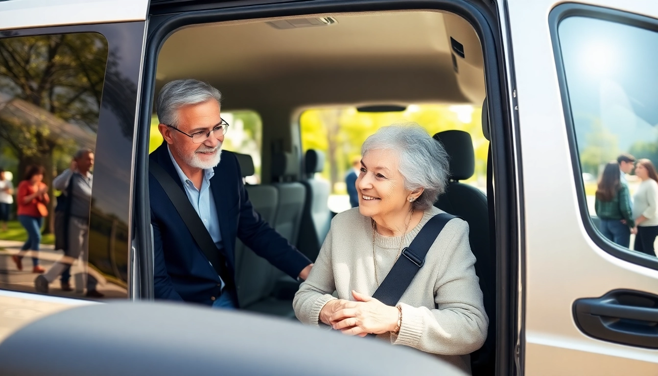 Elderly transportation services assisting a senior in a friendly urban environment.