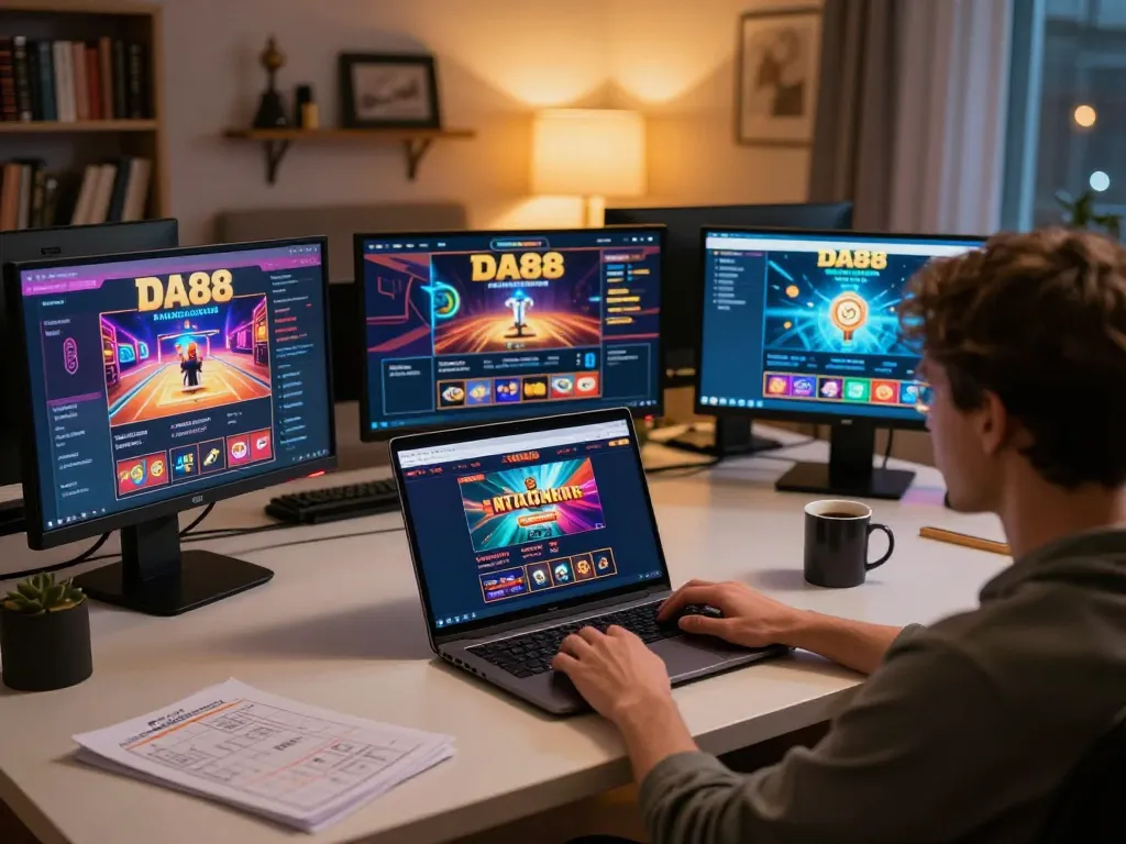 An individual places bets on DA88 online casino from home, showcasing immersive gaming setup.