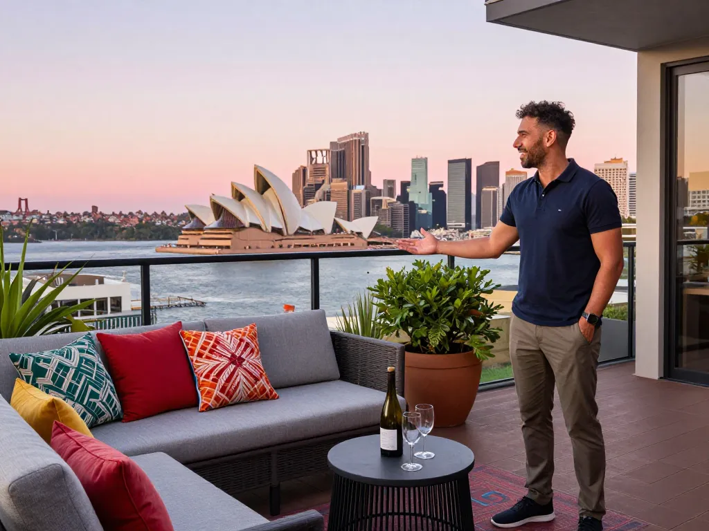 airbnb management sydney host welcoming guests on a stylish terrace overlooking the Sydney skyline